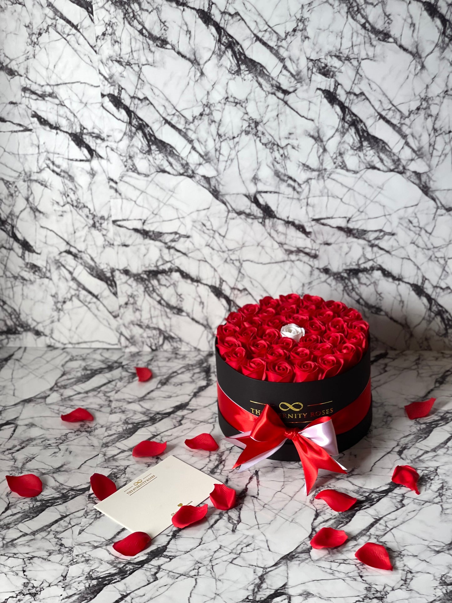 "The one" Medium Flower Box Red & White on Black