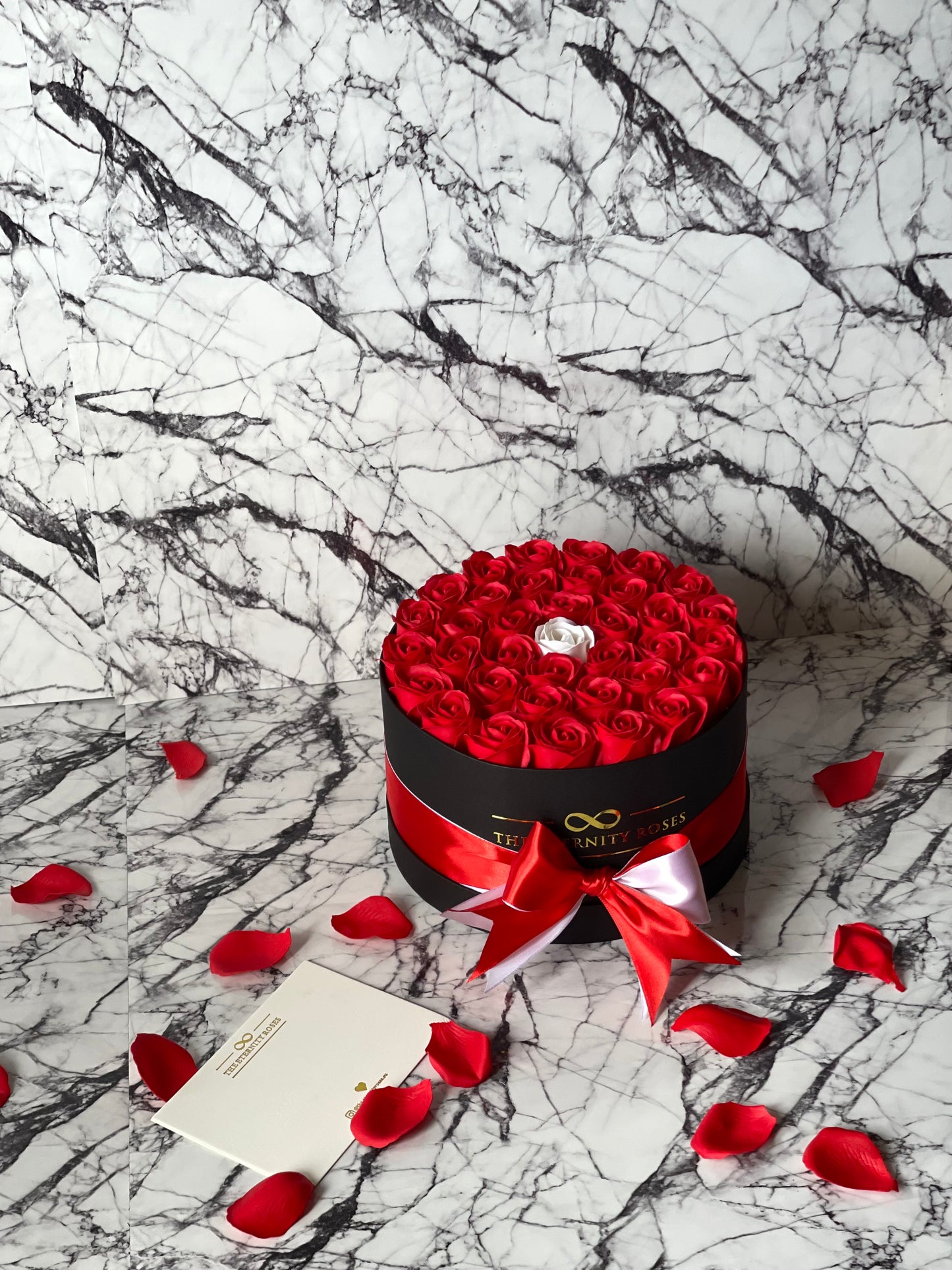 "The one" Medium Flower Box Red & White on Black