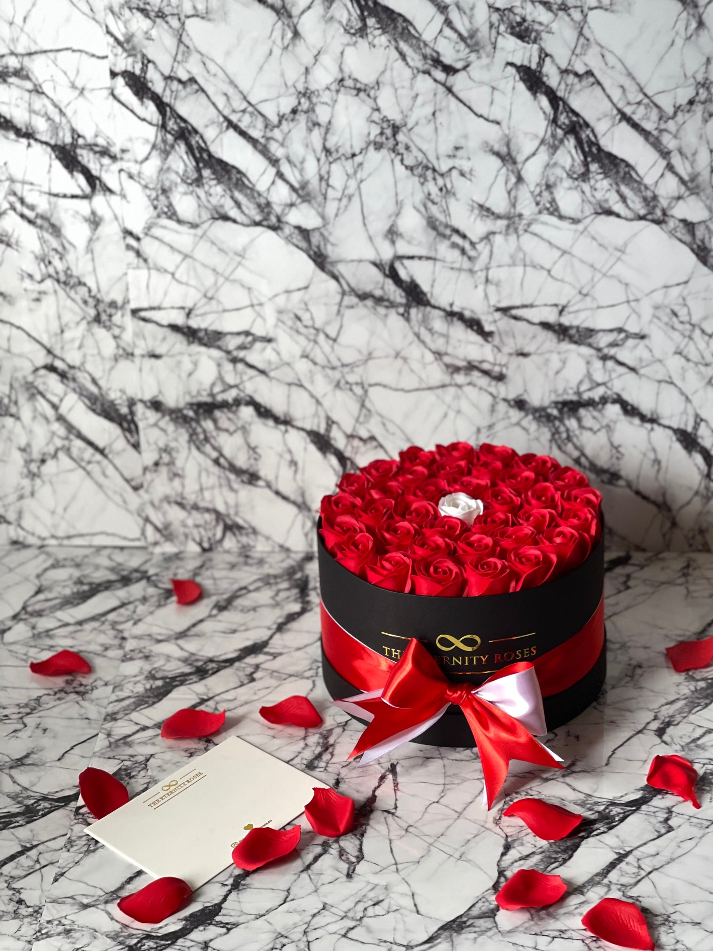 "The one" Medium Flower Box Red & White on Black