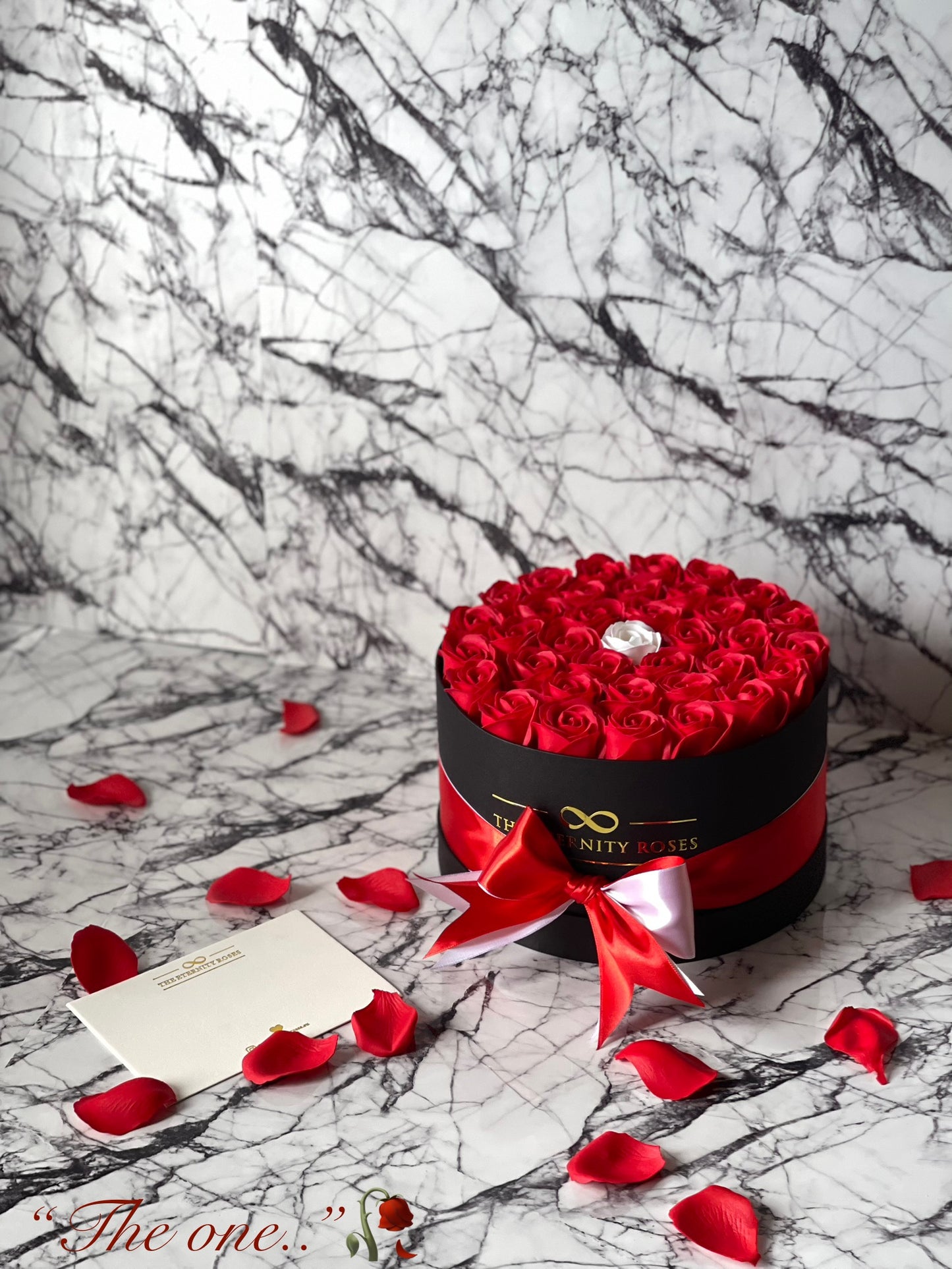 "The one" Medium Flower Box Red & White on Black