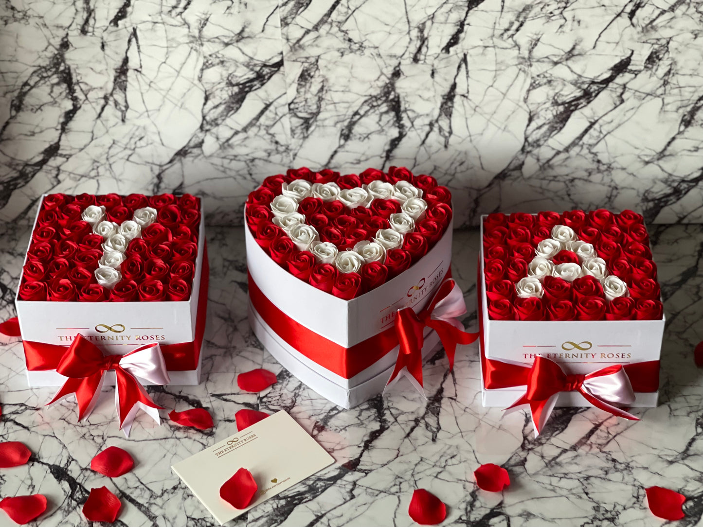 VIP Package - Double Heart Flower Box with 2 Letter Medium Square Flower Boxes - Red & White on White