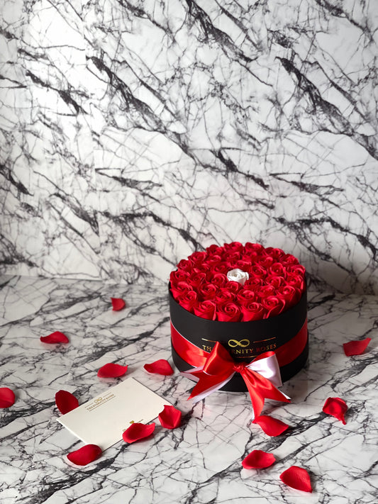 "The one" Medium Flower Box Red & White on Black