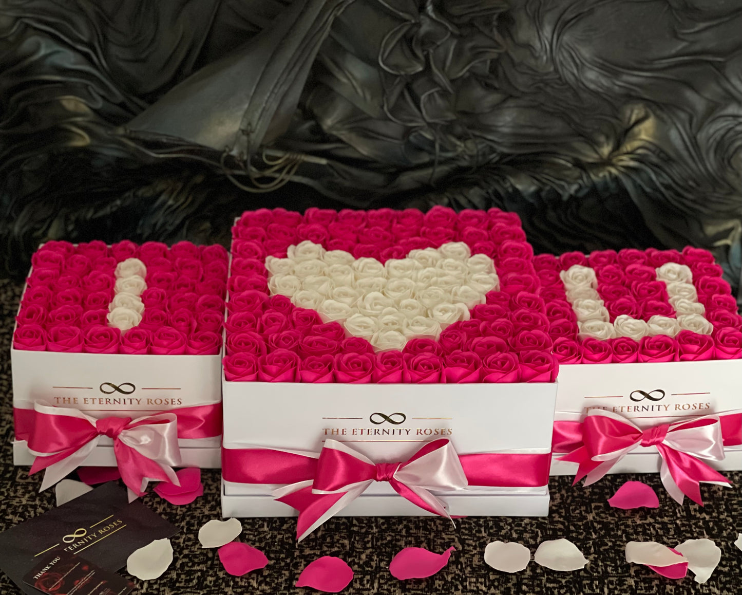 VIP Package " I ♥️ U " Set of 3 Flower Boxes - Intense Pink & White on White