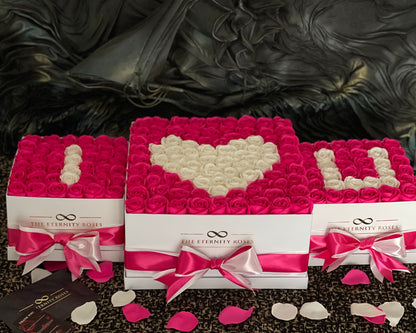 VIP Package " I ♥️ U " Set of 3 Flower Boxes - Intense Pink & White on White
