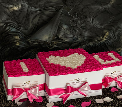 VIP Package " I ♥️ U " Set of 3 Flower Boxes - Intense Pink & White on White