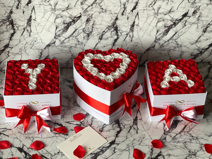 VIP Package - Double Heart Flower Box with 2 Letter Medium Square Flower Boxes - Red & White on White