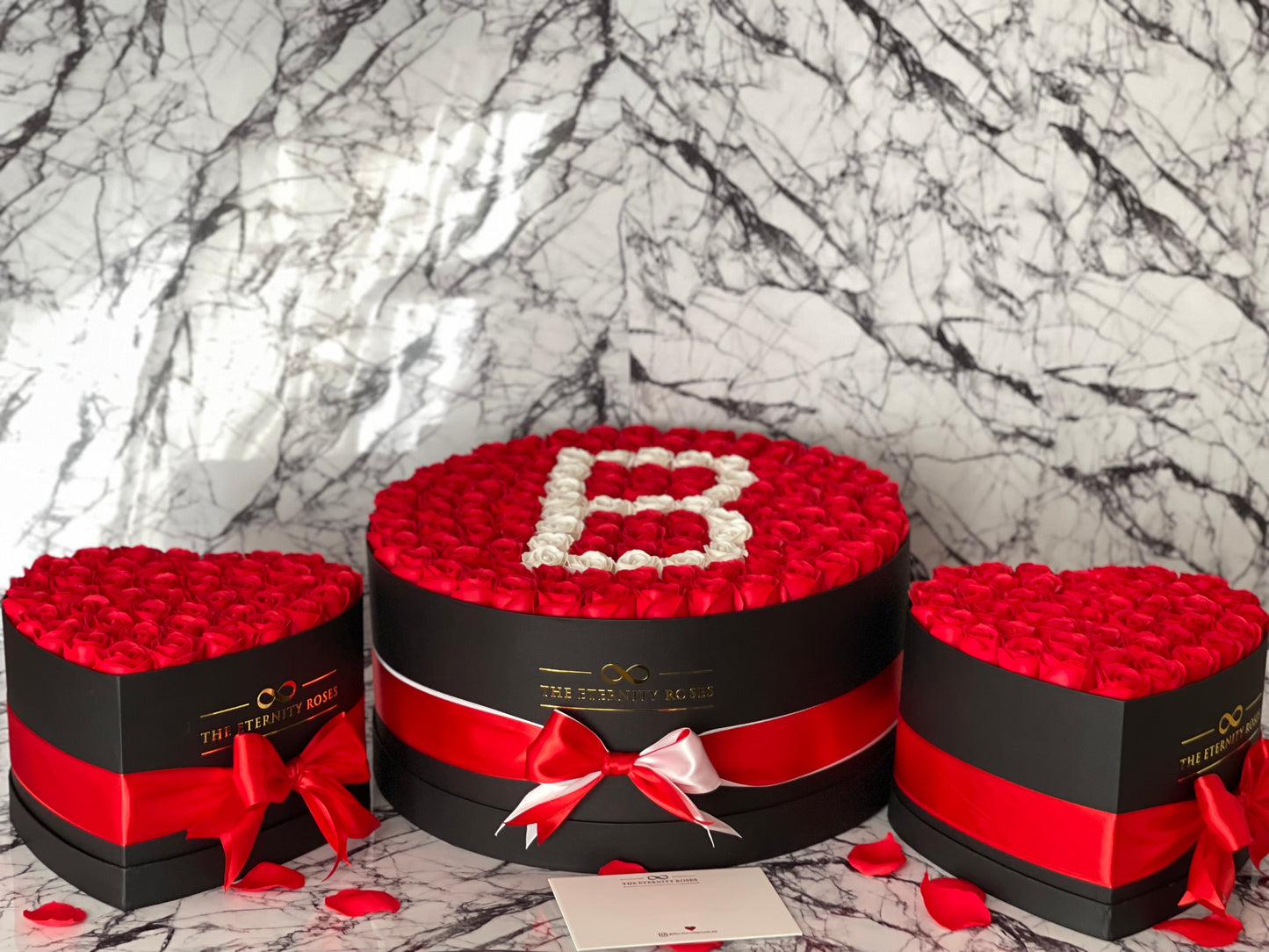 VIP Package - XXL Letter Flower Box with 2 Heart Flower Boxes - Red & White on Black