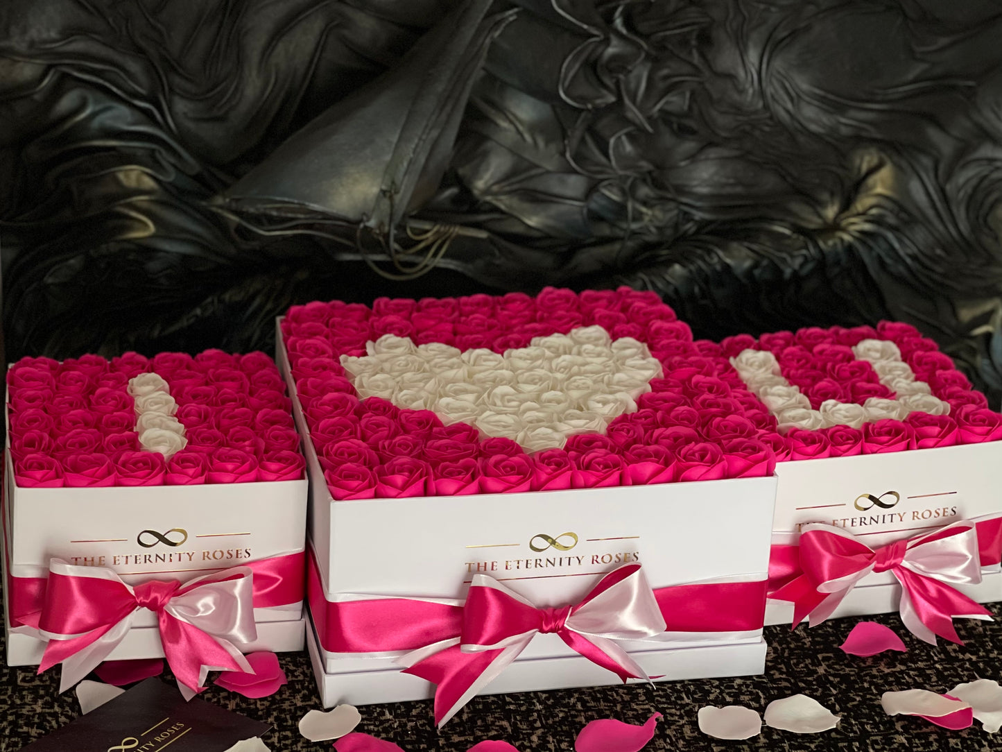 VIP Package " I ♥️ U " Set of 3 Flower Boxes - Intense Pink & White on White