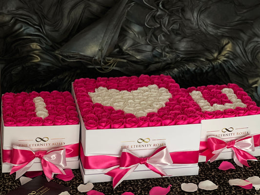 VIP Package " I ♥️ U " Set of 3 Flower Boxes - Intense Pink & White on White