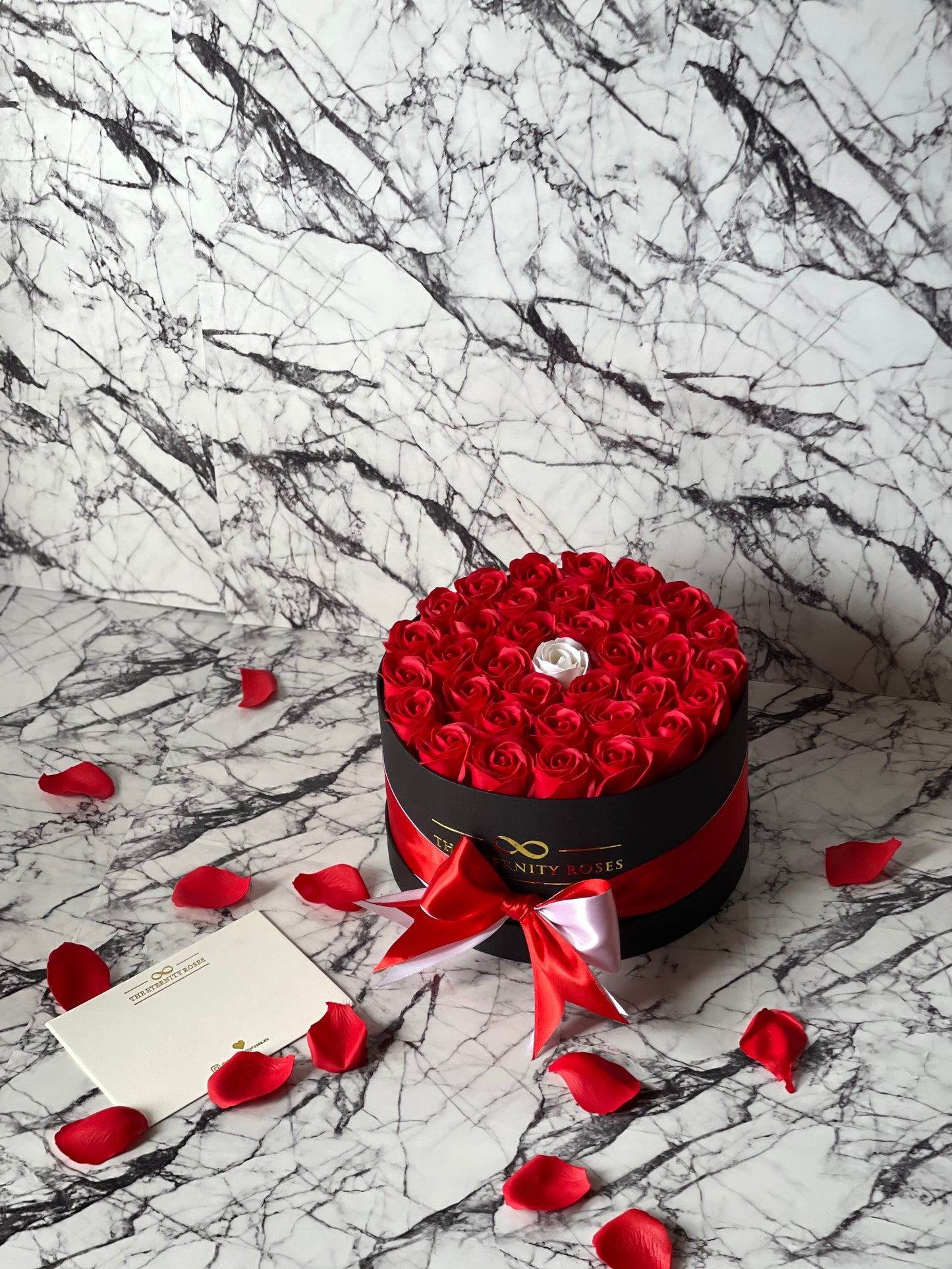 "The one" Medium Flower Box Red & White on Black