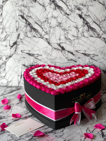 XXL Quadruple Heart Flower Box Intense Pink & White & Red & Pink on Black