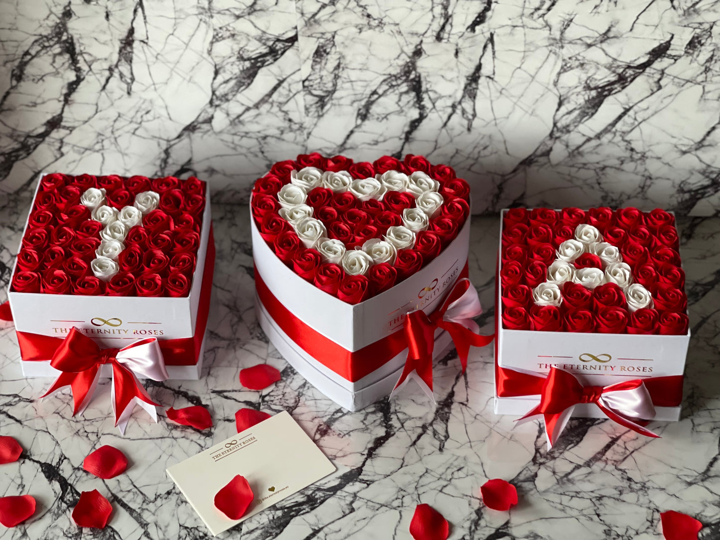 VIP Package - Double Heart Flower Box with 2 Letter Medium Square Flower Boxes - Red & White on White