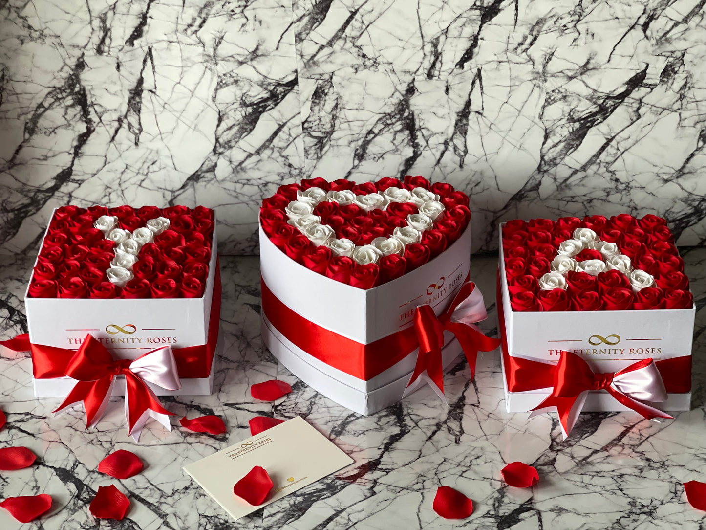 VIP Package - Double Heart Flower Box with 2 Letter Medium Square Flower Boxes - Red & White on White