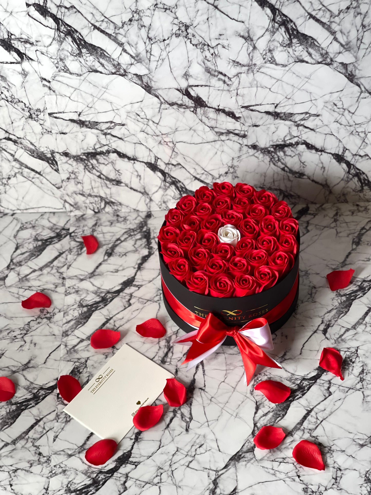 "The one" Medium Flower Box Red & White on Black