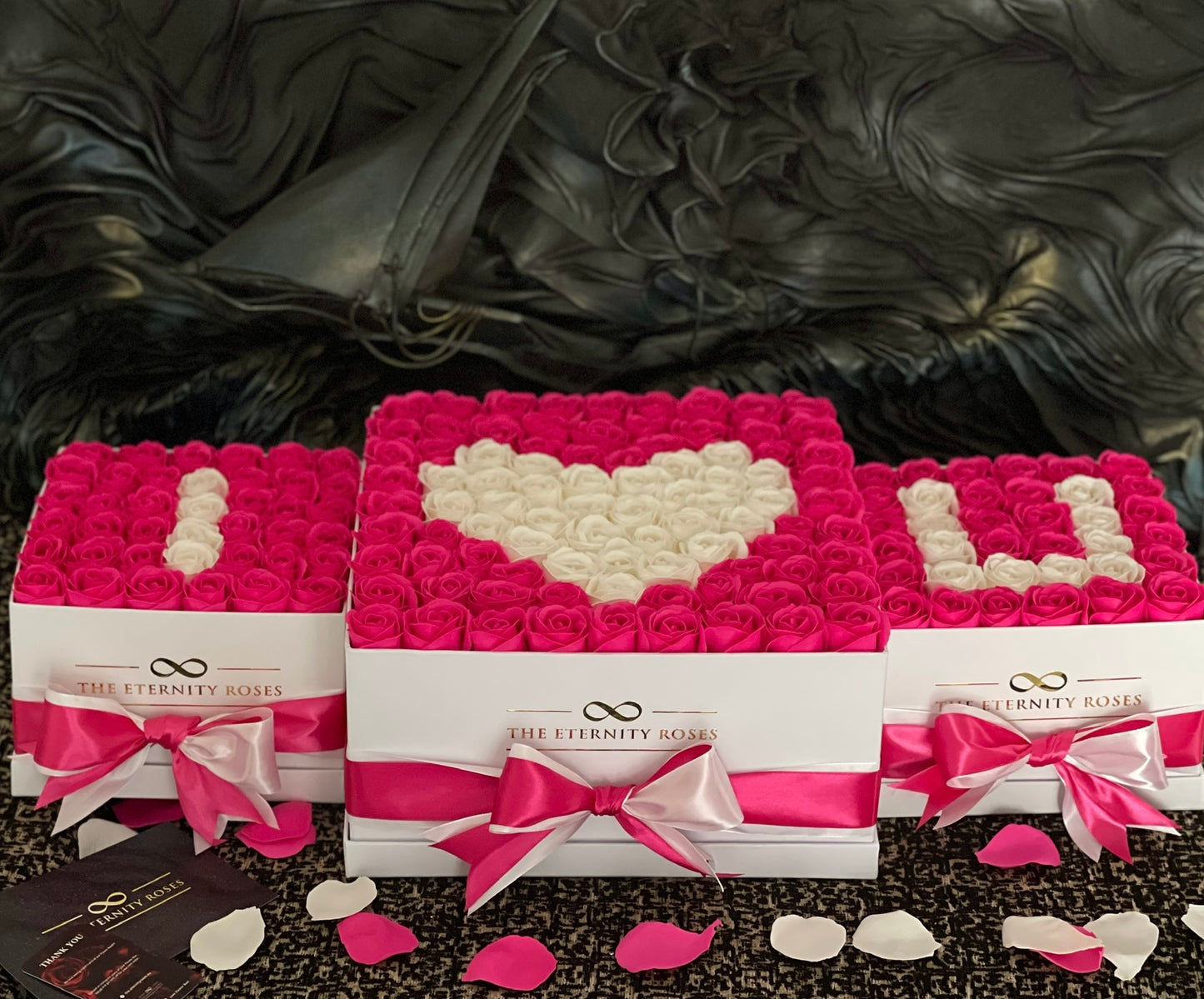 VIP Package " I ♥️ U " Set of 3 Flower Boxes - Intense Pink & White on White