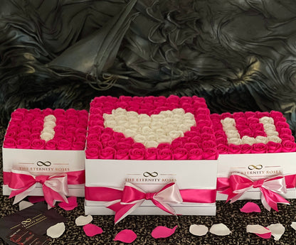 VIP Package " I ♥️ U " Set of 3 Flower Boxes - Intense Pink & White on White