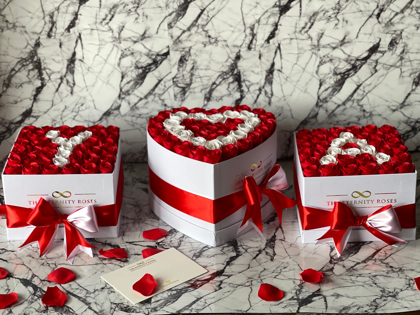 VIP Package - Double Heart Flower Box with 2 Letter Medium Square Flower Boxes - Red & White on White