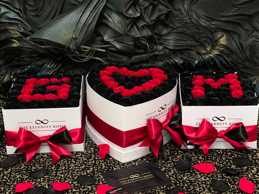 VIP Package - Double Heart Flower Box with 2 Letter Medium Square Flower Boxes - Black & Red on White