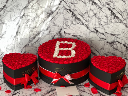 VIP Package - XXL Letter Flower Box with 2 Heart Flower Boxes - Red & White on Black