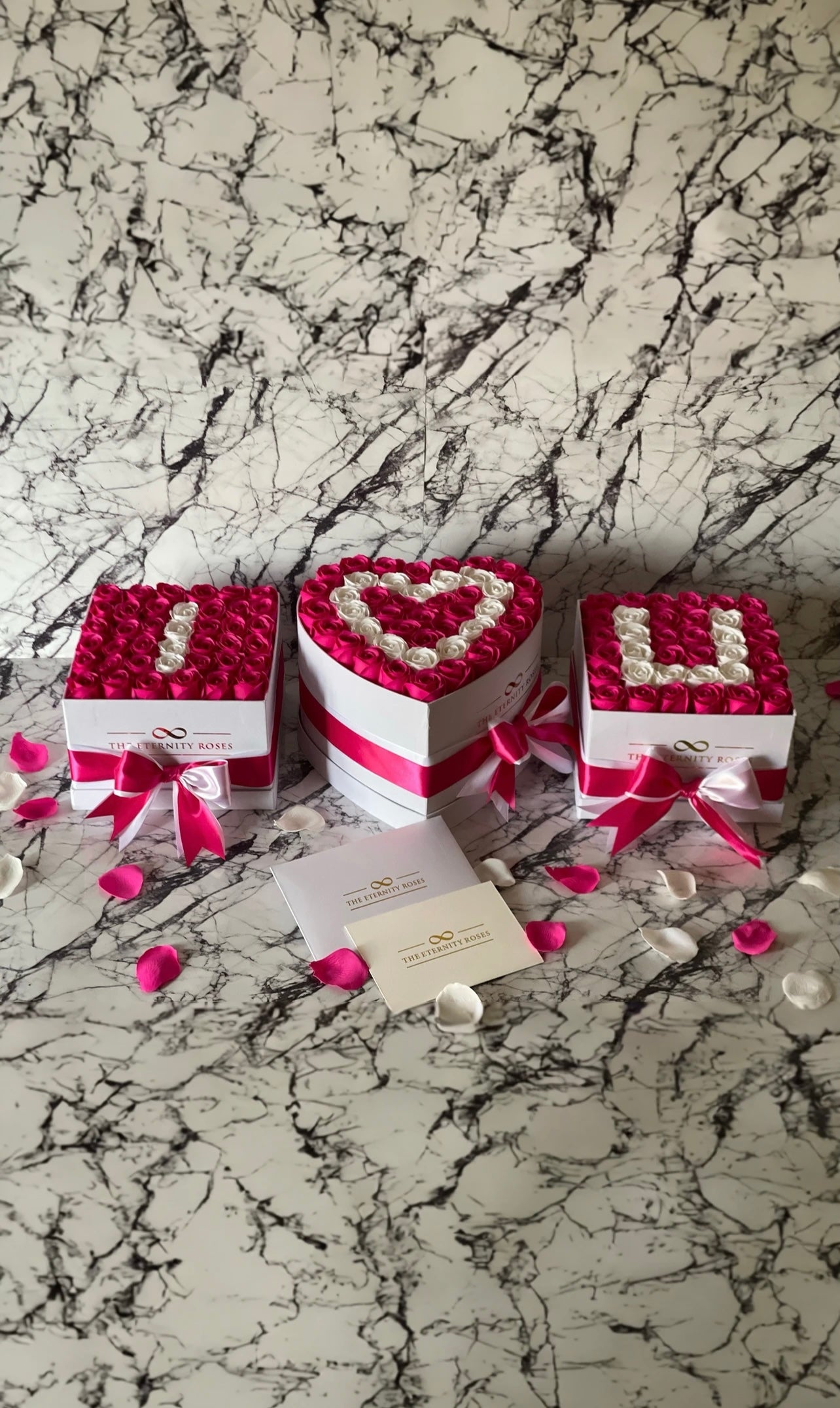 VIP Package - "I LOVE YOU" Flower Boxes - Intense Pink & White on White