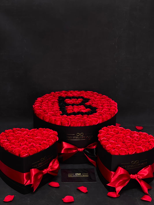 VIP Package - XXL Letter Flower Box with 2 Heart Flower Boxes - Red & Black on Black