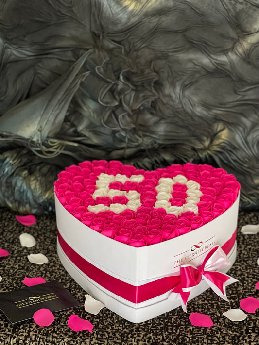 XXL Heart Number Flower Box Intense Pink & White on White