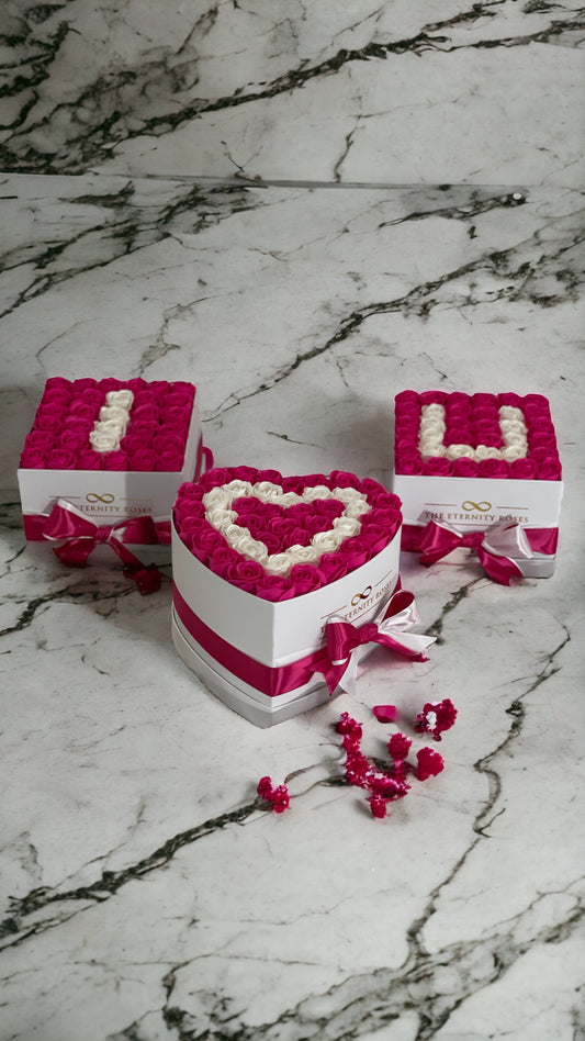 VIP Package - "I LOVE YOU" Flower Boxes - Intense Pink & White on White