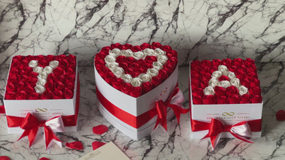 VIP Package - Double Heart Flower Box with 2 Letter Medium Square Flower Boxes - Red & White on White