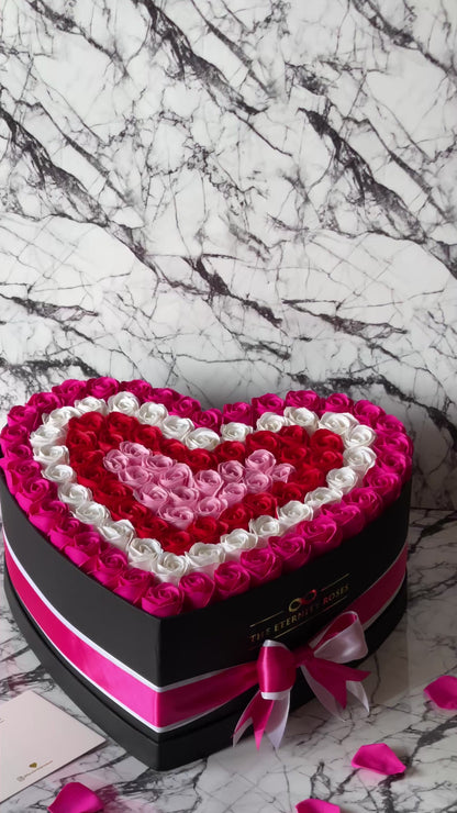 XXL Quadruple Heart Flower Box Intense Pink & White & Red & Pink on Black